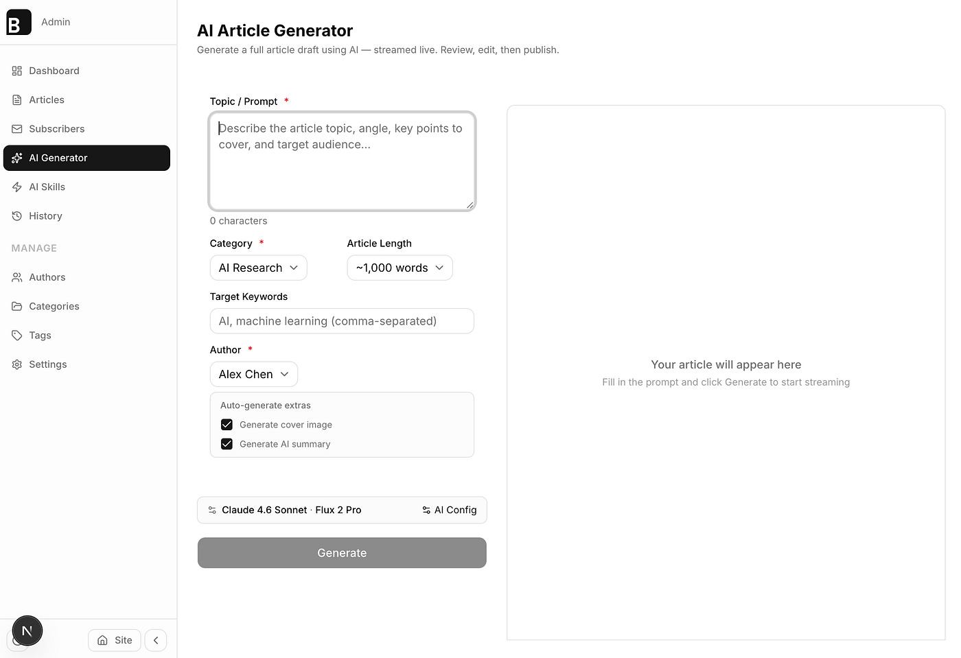 Generating articles with AI in BloggFast. Image by Jim Clyde Monge