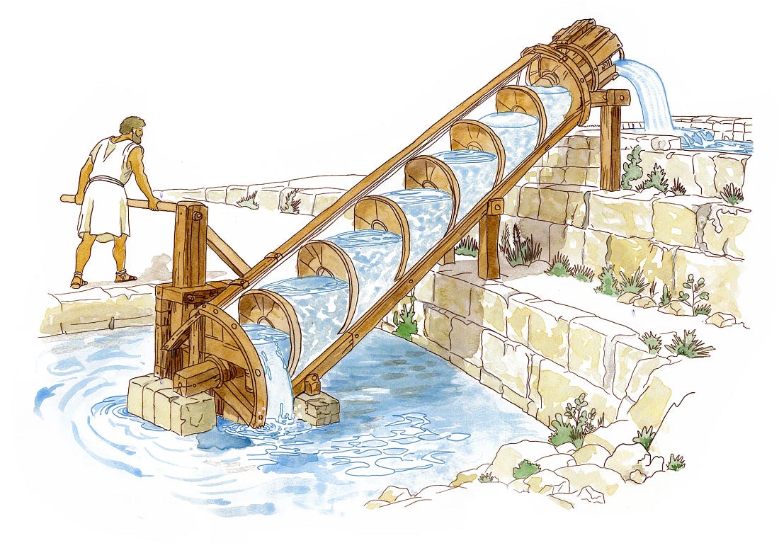 Illustration of an Archimedean screw in the third century BC, a worker turning the spiral to lift water from a channel into fields of grain and vegetables near Syracuse. Illustration of an Archimedean screw in the third century BC, a worker turning the spiral to lift water from a channel into fields of grain and vegetables near Syracuse.
