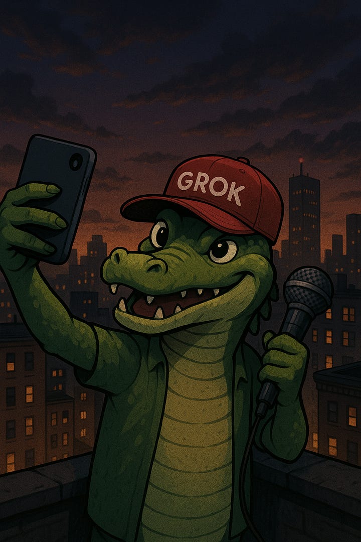 1. Grok coin with white mask face and the words “Faster Broker Token.” 2. Cartoon alligator in a red Grok hat taking a selfie with a phone. 3. Tesla coin with masked face driving a DeLorean/SpaceX-style car. 4. Masked figures labeled “Both sides now — Two teams. One fixed.”