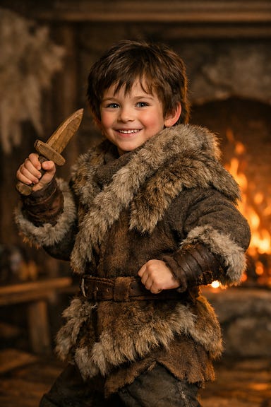 Young Toma standing proudly in thick Barovian furs, smiling as he poses in a harmless, playful warrior stance with a clearly toy wooden dagger held like a prop; warm firelight behind him in the Soldav longhouse; calm, safe, wholesome atmosphere