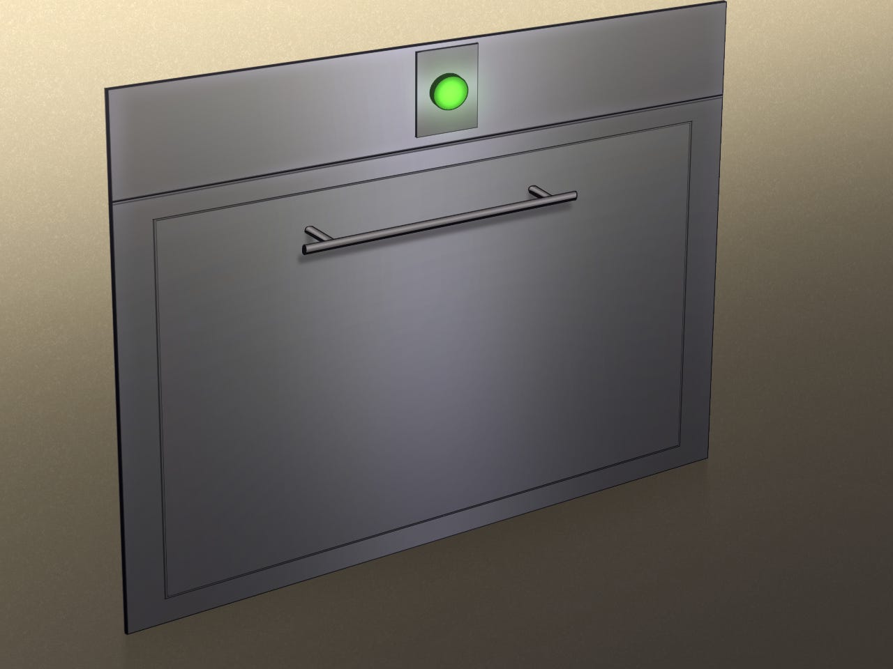 trash compactor button and door mounted to a wall