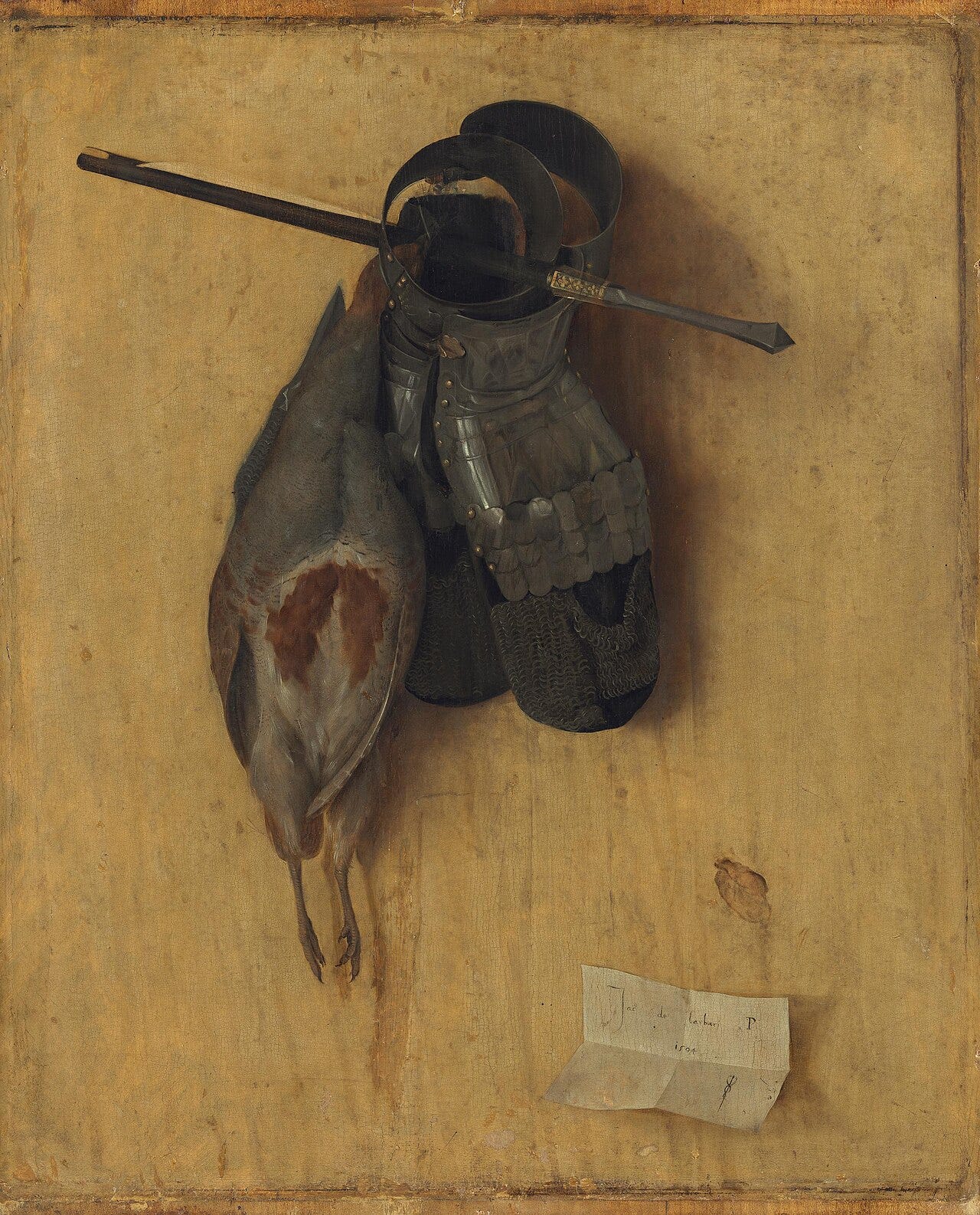 A dead partridge and a pair of gauntlets hung on a plain panel with crossbow bolts, and a paper slip pinned below
