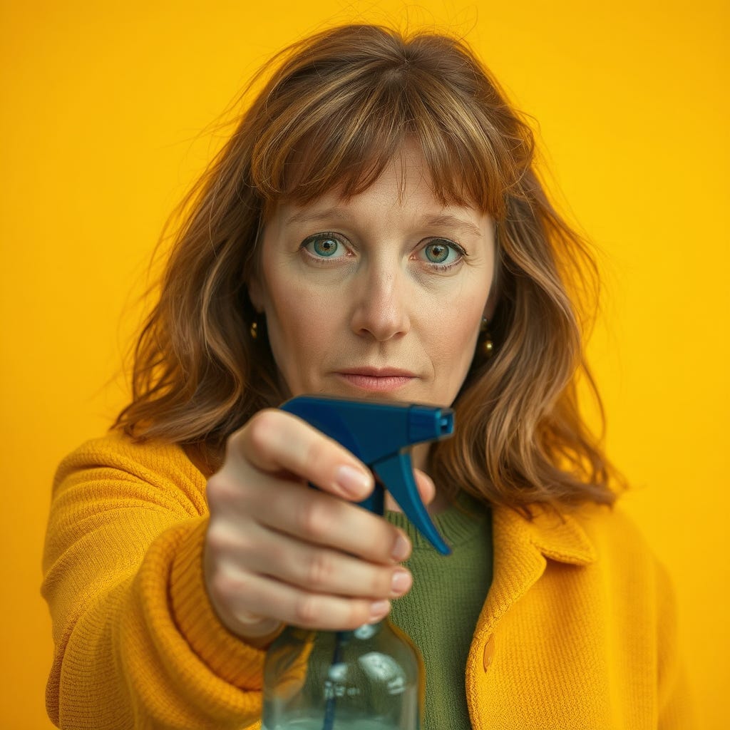 Portrait of a beautiful sad 40-year-old Swedish woman wearing vidid colored clothes, points directly at the viewer with a garden spray bottle in her hands, isolated on a vivid contrasting bright yellow background with space Portrait of a beautiful sad 40-year-old Swedish woman wearing vidid colored clothes, points directly at the viewer with a garden spray bottle in her hands, isolated on a vivid contrasting bright yellow background with space