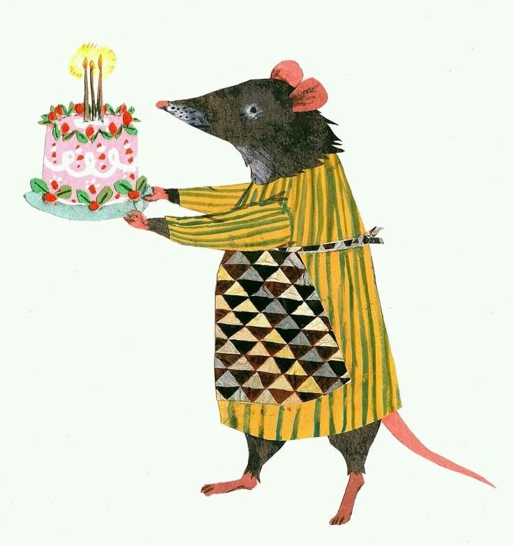 This may contain: a drawing of a rat holding a cake with candles on it's side and wearing a colorful outfit This may contain: a drawing of a rat holding a cake with candles on it's side and wearing a colorful outfit