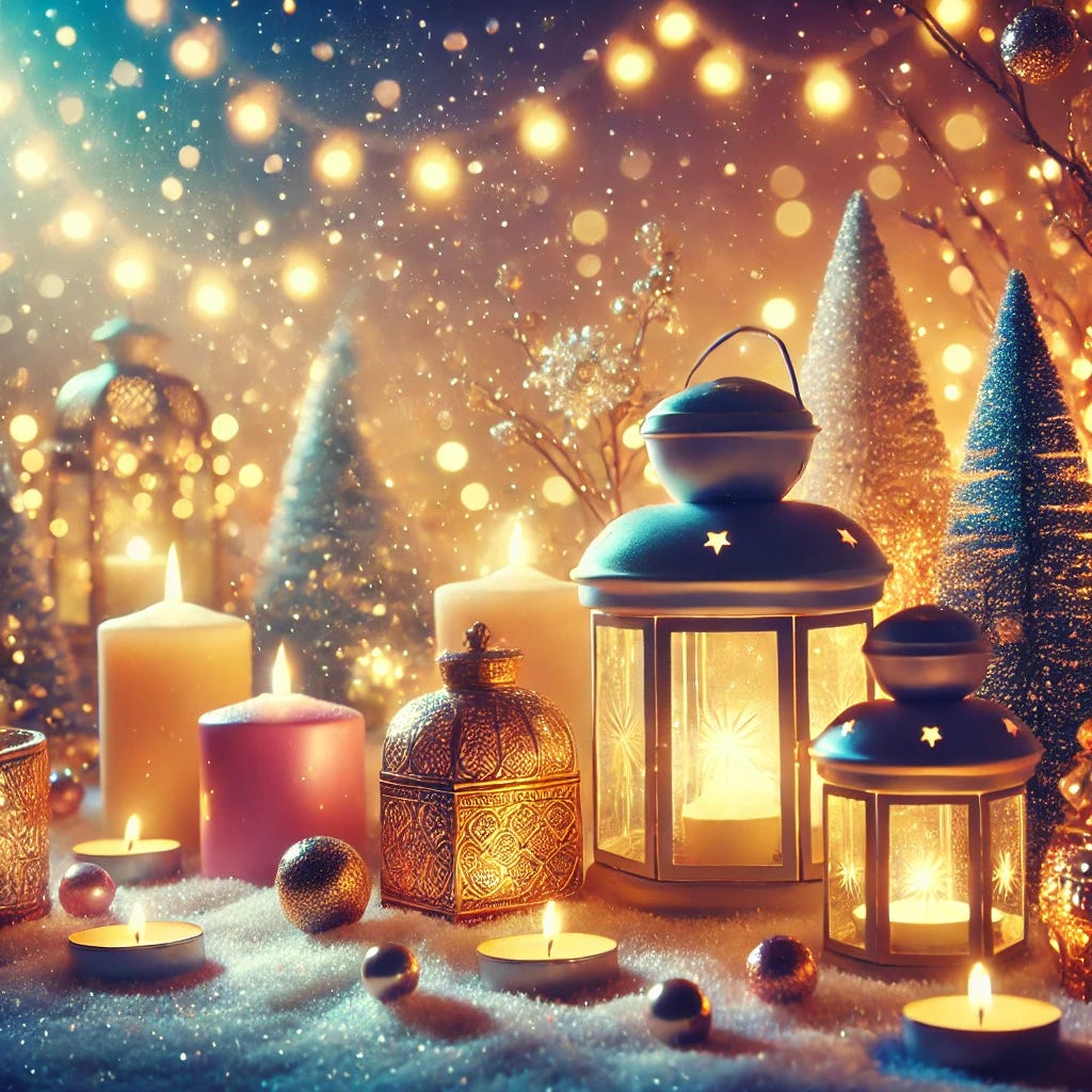 A celebratory image of light with no religious symbols. The scene features a tranquil, glowing winter landscape with softly falling snow and a variety of warm, golden light sources such as lanterns, twinkling string lights, and candles scattered throughout. The focus is on the beauty of light as a symbol of hope, renewal, and warmth, with the background featuring a soft gradient of golden, pink, and blue hues to evoke peace and celebration. The overall atmosphere is uplifting, cozy, and serene, representing the universal beauty of light without any religious or cultural symbols. No text included.