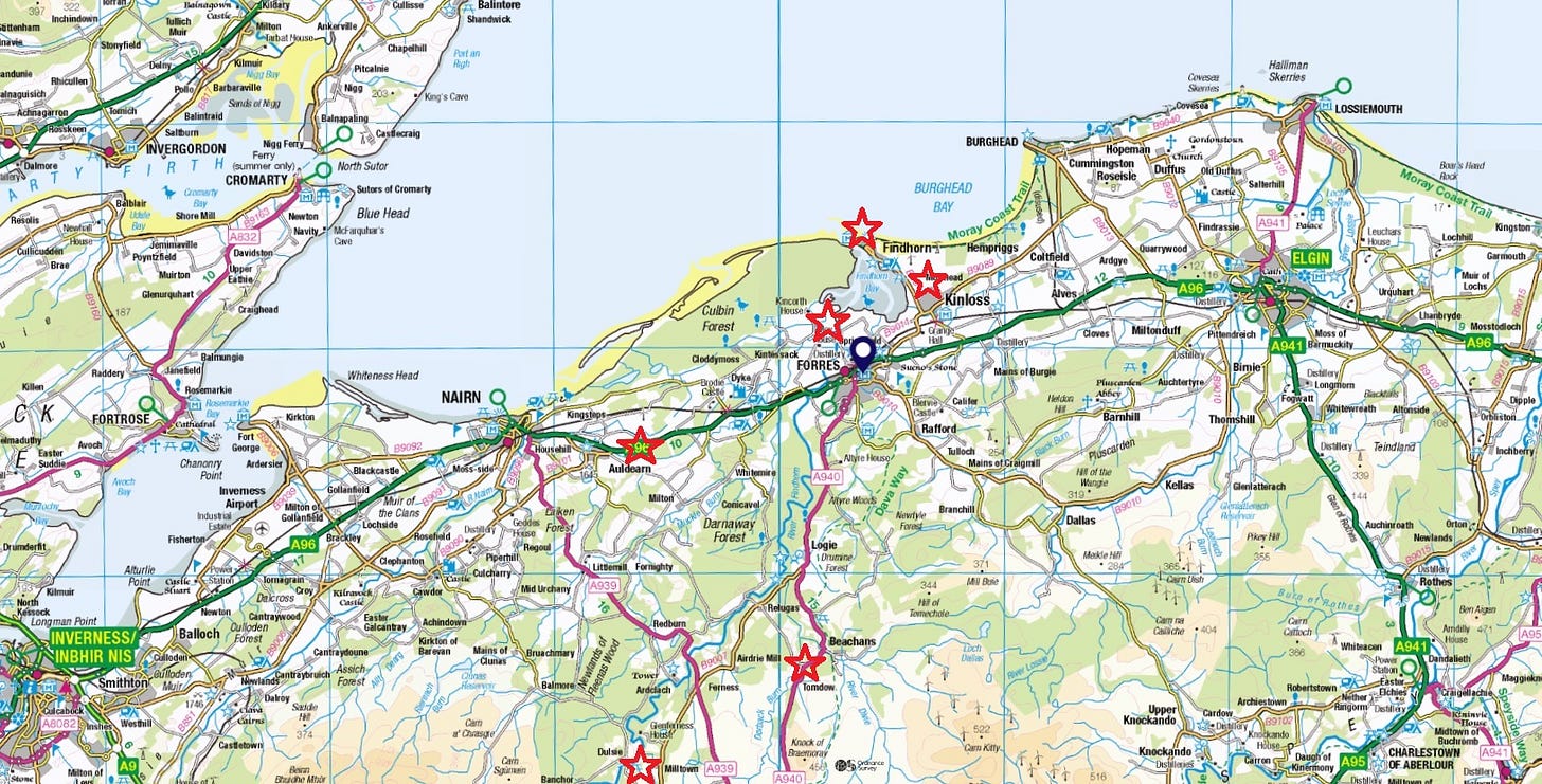 The same map as above, with more of the 'Ireland' themed place-names identified by Watson indicated with red stars. 
