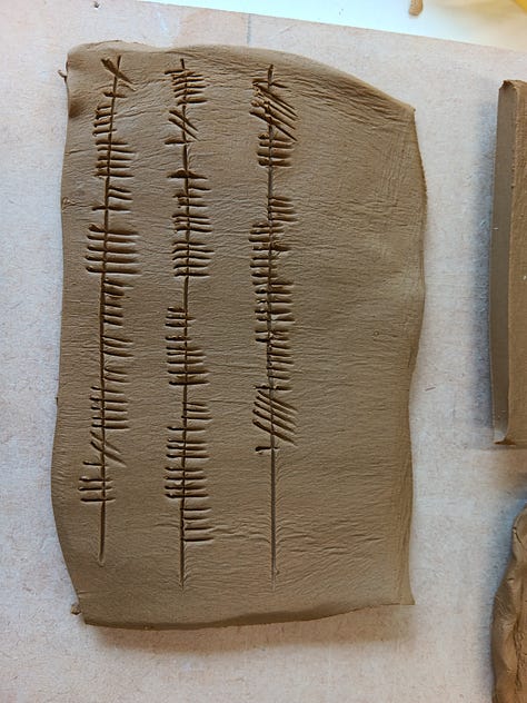 Three images: 1, wet clay with impressions in my palm, 2, wet clay with ogham impressions, 3, seven bisque fired tablets with various markings
