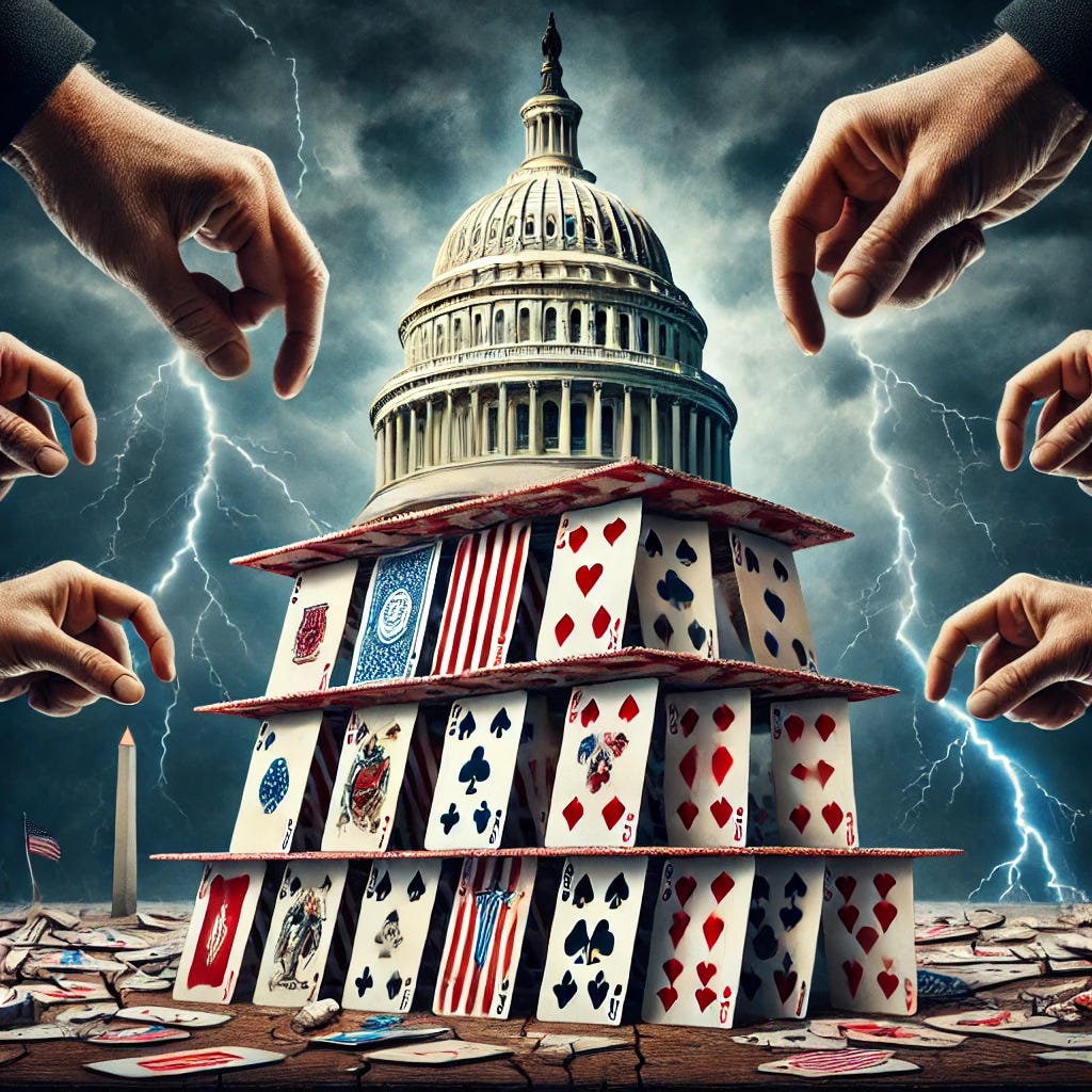 An artistic depiction of a house of cards with the U.S. Capitol building as its pinnacle. The base cards show cracks, symbolizing systemic vulnerabilities, while others are being reinforced by hands symbolizing grassroots movements, reforms, and civic engagement. In the background, a storm is brewing, representing external and internal pressures threatening the structure. The artwork should be dramatic, symbolic, and thought-provoking, showcasing the tension between fragility and resilience in American democracy.