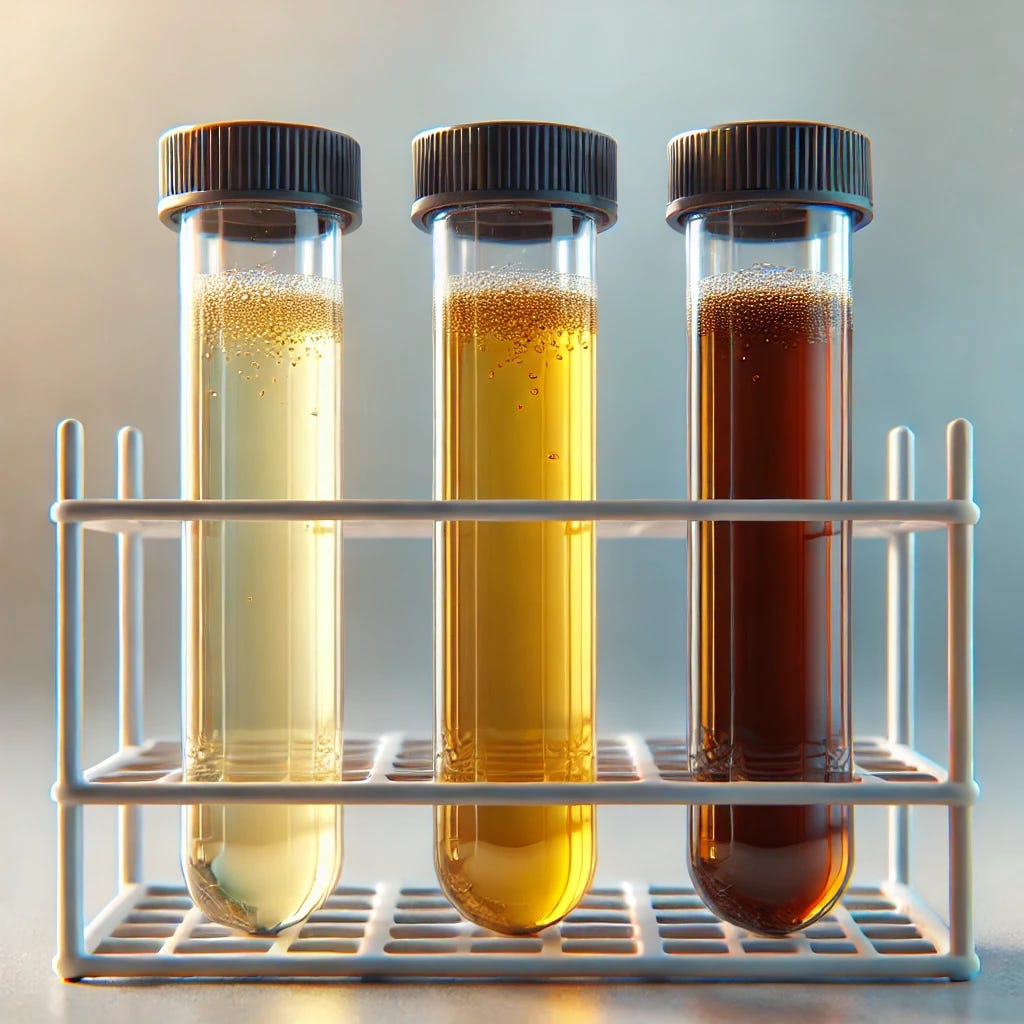 A realistic depiction of three test tubes filled with urine samples of different colors, placed in a laboratory setting. The first test tube contains pale yellow urine, indicating proper hydration. The second test tube holds a darker yellow sample, suggesting mild dehydration. The third test tube contains dark brown urine, representing severe dehydration. The test tubes are neatly arranged in a rack, with soft, even lighting to enhance clarity and realism.