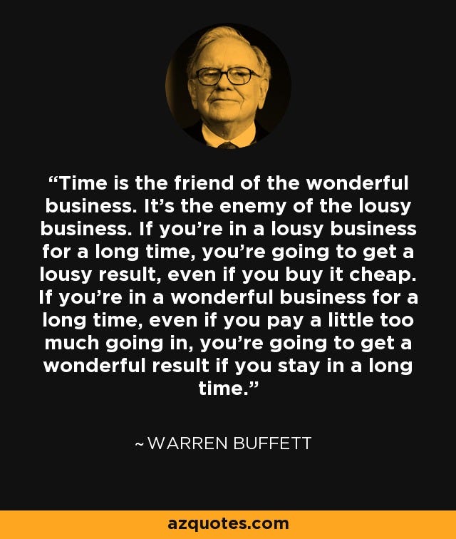 Warren Buffett quote: Time is the friend of the wonderful business. It's  the...