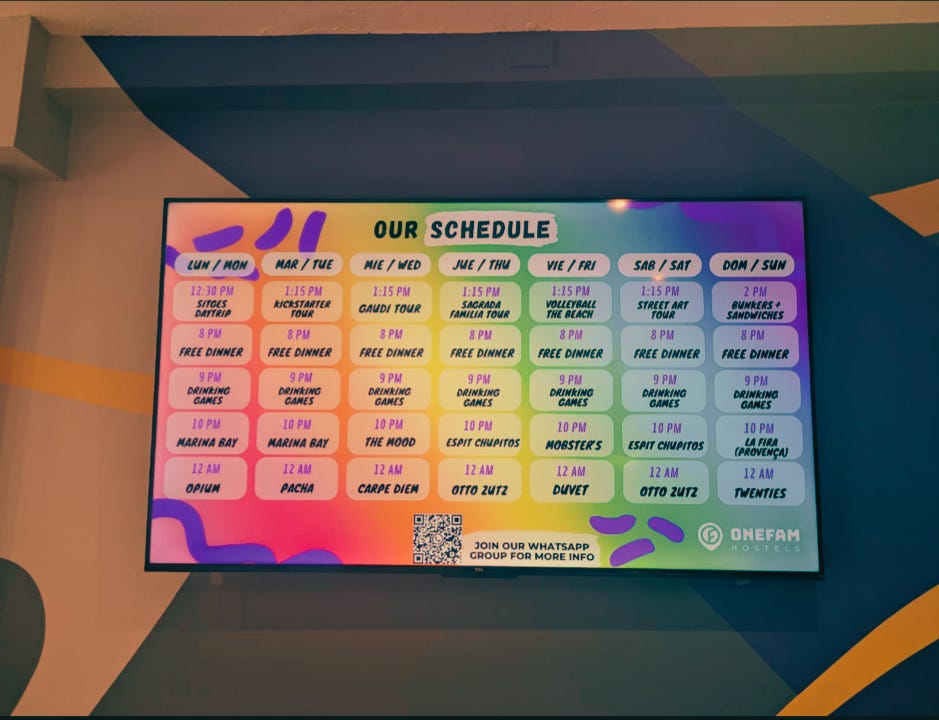 A snapshot of the noticeboard and schedule at One Fam Les Courts - Barcelona - August 2025