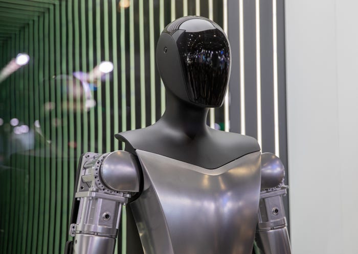 A close-up photo of a silver robot.