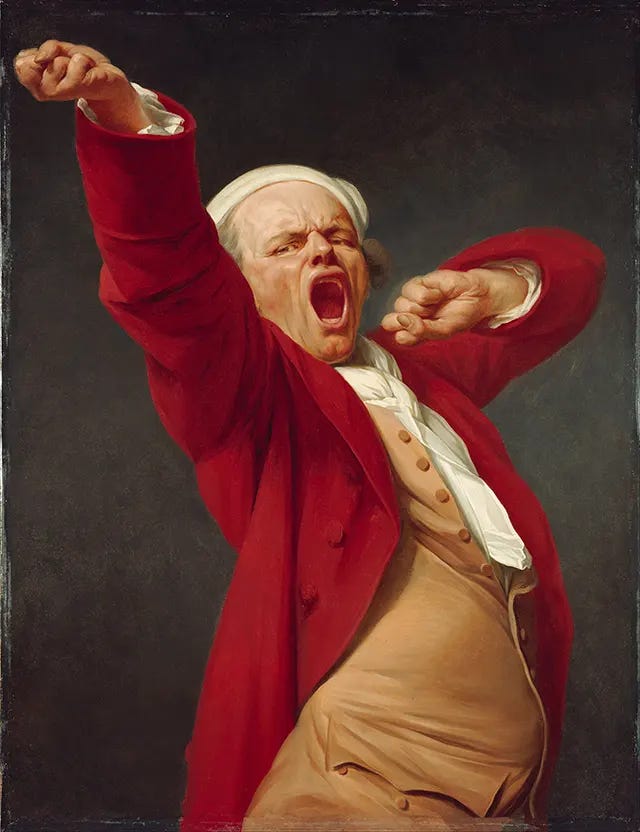 Joseph Ducreux's famous self-portrait, captured in the act of a dramatic yawn, c. 1783, showcasing his departure from traditional portraiture.