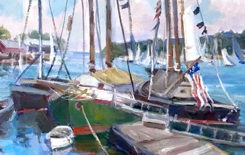 A painting of boats docked at a dock

Description automatically generated