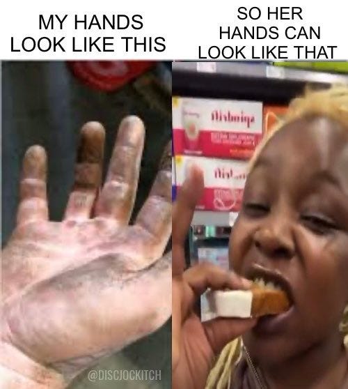 The image is a meme split into two parts. On the left, there is a close-up of a dirty, calloused hand with the text "MY HANDS LOOK LIKE THIS". On the right, there is a woman eating a snack with the text "SO HER HANDS CAN LOOK LIKE THAT". The context from the post text reveals that this meme is commenting on a woman who spent $1,000 on junk food at Costco using EBT food stamps, highlighting a perceived disparity in effort and lifestyle. The meme uses a common format to juxtapose hard work with perceived laziness or entitlement.