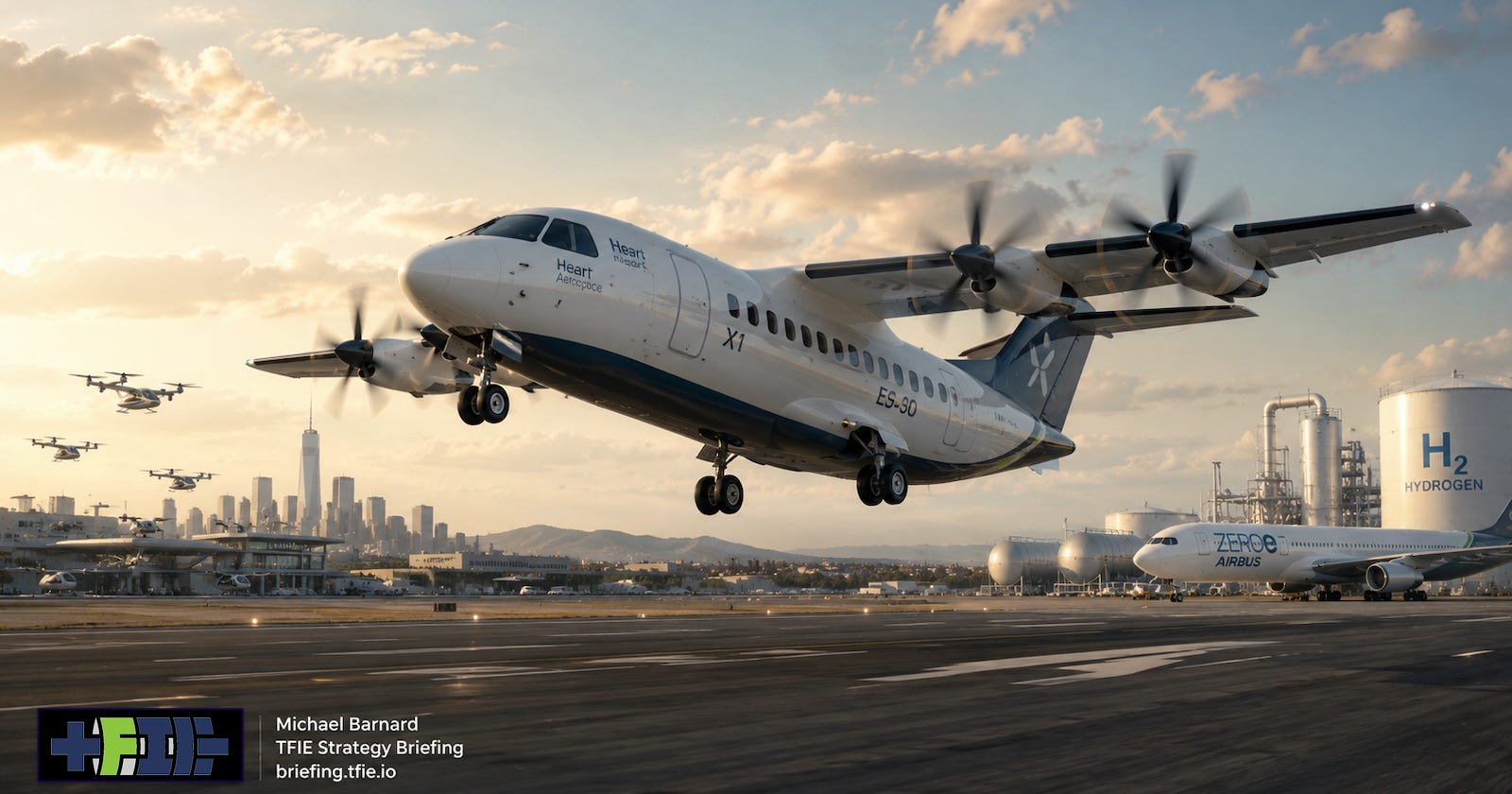 A full-scale battery-electric regional aircraft lifts from a conventional airport runway in the foreground, while distant eVTOL aircraft and hydrogen aviation infrastructure recede into the background, representing competing paths for aviation transition capital.