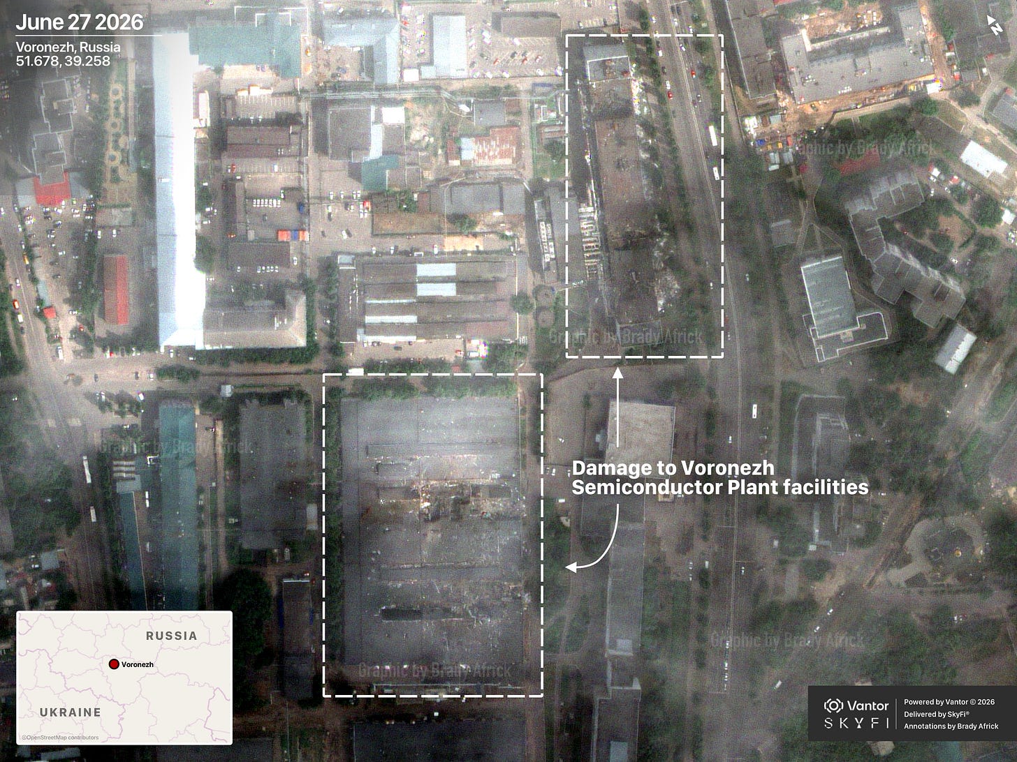 Damage to Voronezh Semiconductor Plant. Image © 2026 Vantor. Delivered by SkyFi®. Annotations by Brady Africk.