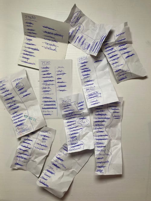 A bunch of small papers with lists of thing to do, most of them crossed.