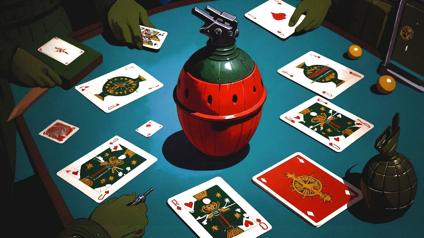 Digital illustration of a card table viewed from above, scattered with ornate playing cards — queens, jacks, and number cards in deep red and green. At the center sits a large grenade, rendered with unsettling calm amid the domestic scene. Green-tinted hands reach in from the edges. A second grenade rests to the right. Dark, richly detailed art style. The image undercuts the word "friendly" — a loaded game, a family gathering with danger hiding in plain sight. Digital tools included Krita & AI.