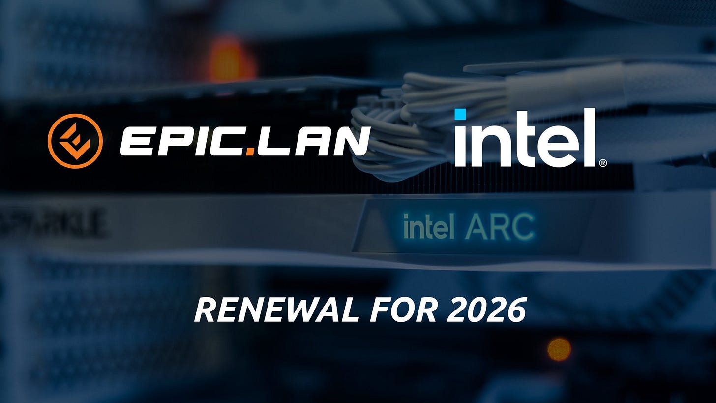Image of EPIC.LAN and Intel logos on a dark background of an Intel ARC graphics card.