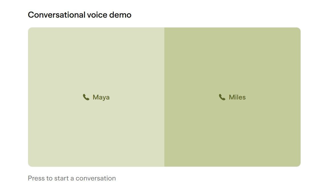 A screenshot of a Conversational Voice Demo interface. It features two side-by-side green panels labeled 'Maya' and 'Miles,' each with a phone icon. Below, the text reads: 'Press to start a conversation.' The interface suggests users can select one of the AI-generated voices to begin an interactive conversation.