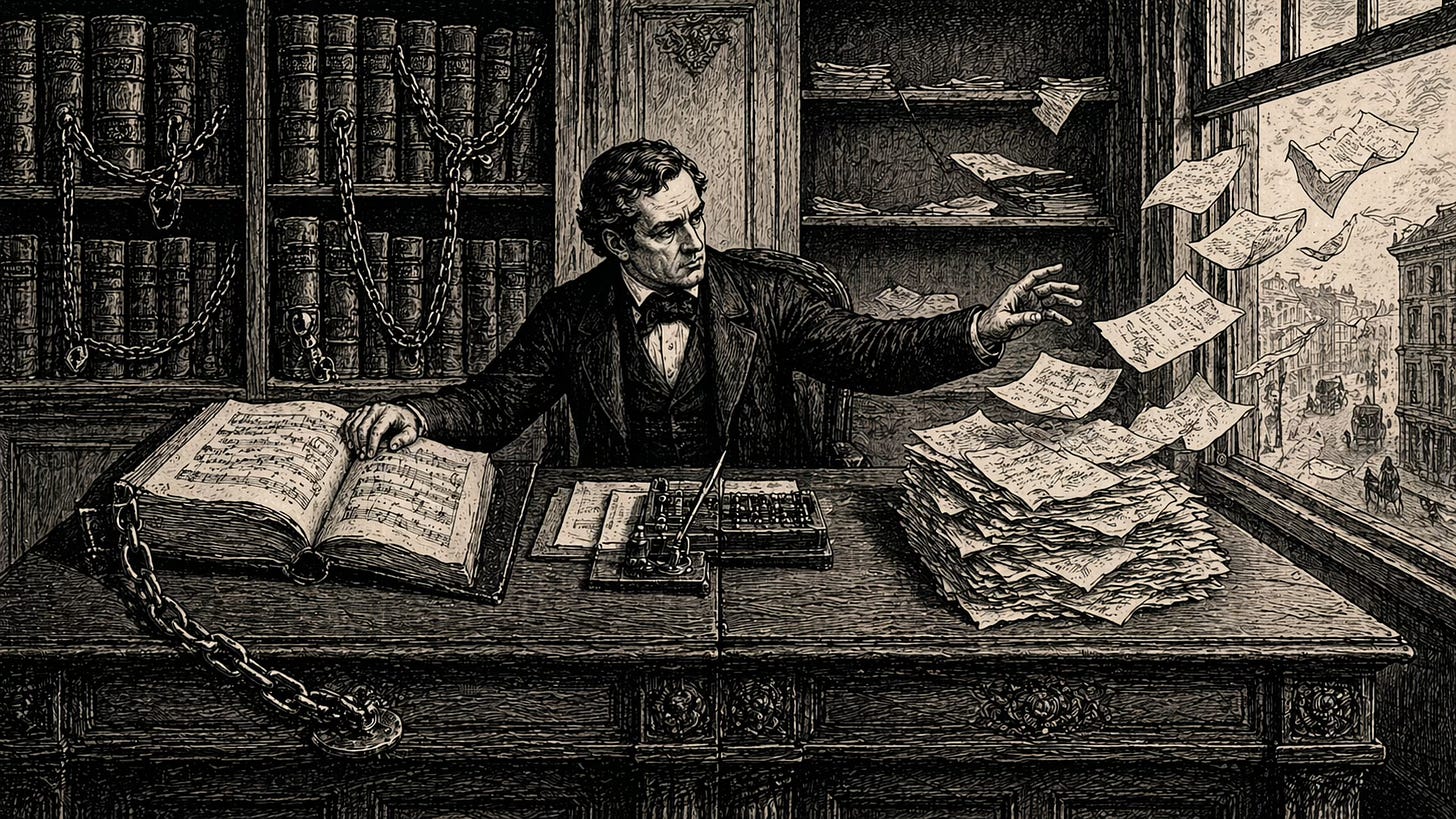 Victorian engraving of a credit analyst's desk with a chained leather-bound music catalog on one side and contract papers drifting out an open window on the other, illustrating the difference between statutory IP assets and terminable creator contracts in media credit underwriting. Victorian engraving of a credit analyst's desk with a chained leather-bound music catalog on one side and contract papers drifting out an open window on the other, illustrating the difference between statutory IP assets and terminable creator contracts in media credit underwriting.
