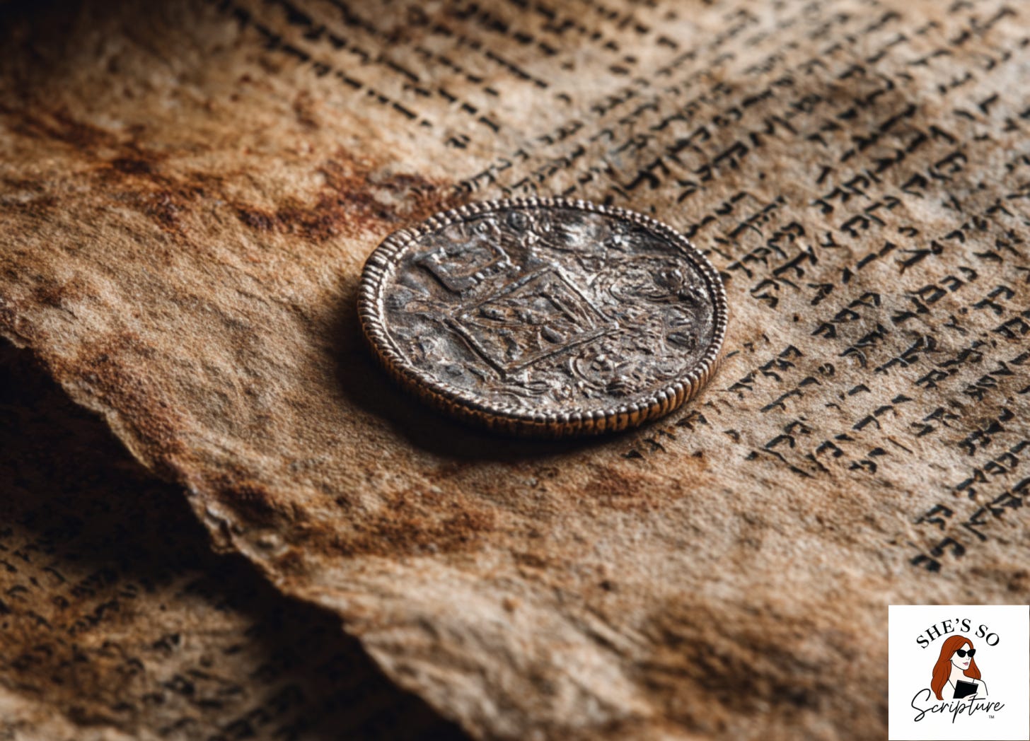 Close-up of ancient half-shekel silver coin resting on worn parchment Torah scroll