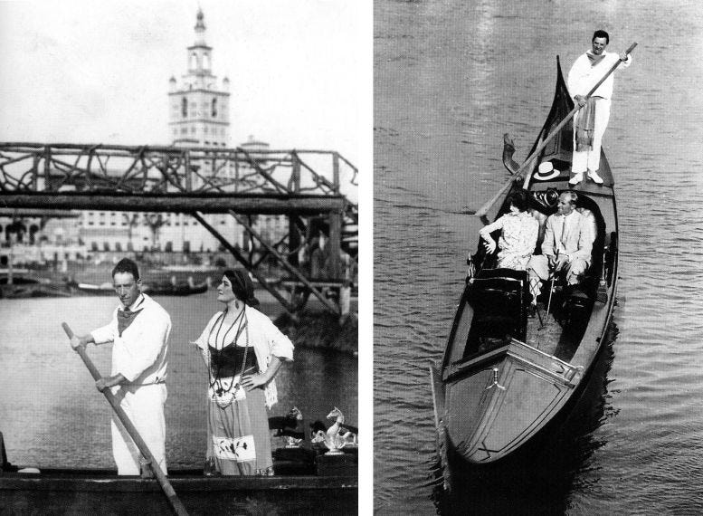 Gondoliers navigating gondolas in the waterways behind the Miami-Biltmore Hotel in January 1926. Courtesy of Florida International University. Gondoliers navigating gondolas in the waterways behind the Miami-Biltmore Hotel in January 1926. Courtesy of Florida International University.