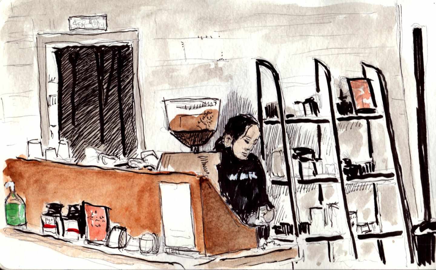 An ink and watercolor sketch of a barista behind the counter. An ink and watercolor sketch of a barista behind the counter.