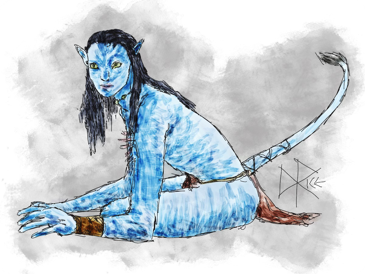 Zoe Saldaña as Neytiri, a Na’vi from the 'Avatar' movies, seated on the ground as rays of sun break through majestic tropical trees. Sketch art by Don Rice. Zoe Saldaña as Neytiri, a Na’vi from the 'Avatar' movies, seated on the ground as rays of sun break through majestic tropical trees. Sketch art by Don Rice.