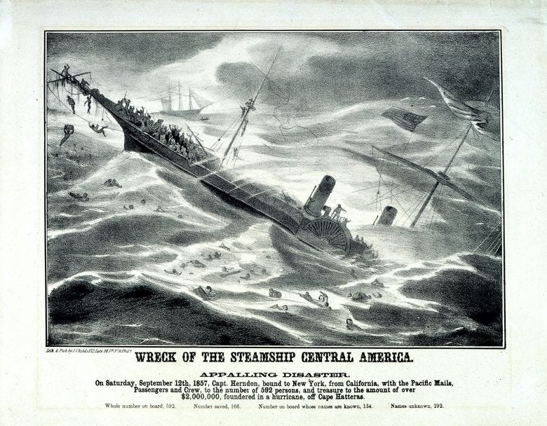 This 19th-century lithograph by prolific artist and cartoonist John Childs depicts &#8220;Wreck of the Steamship Central America.&#8221; (Courtesy of The Mariners’ Museum and Park)