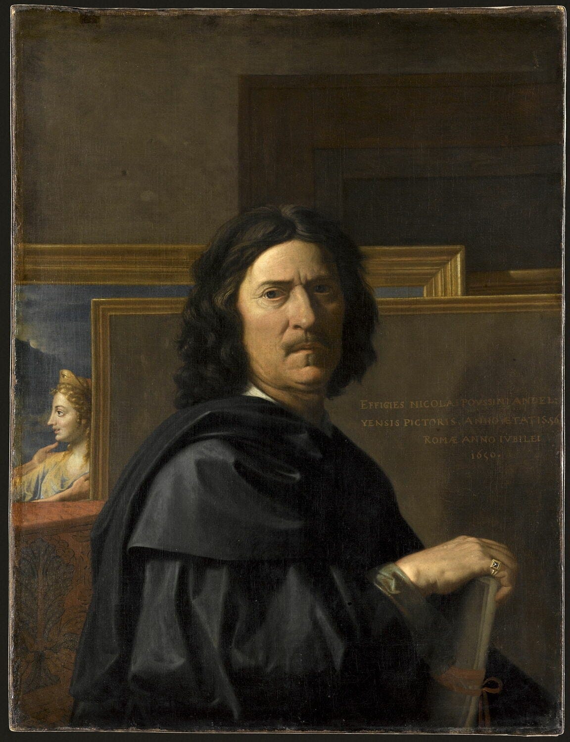 Nicolas Poussin, Self-Portrait, the painter in a dark cloak in front of stacked picture frames