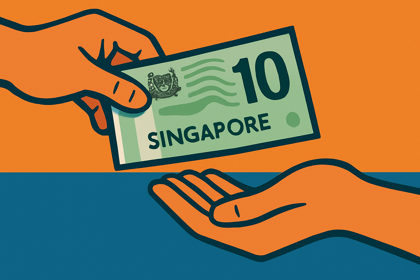 Striking vector art of a hand giving Singapore dollars to another hand, close-up, dynamic mood.