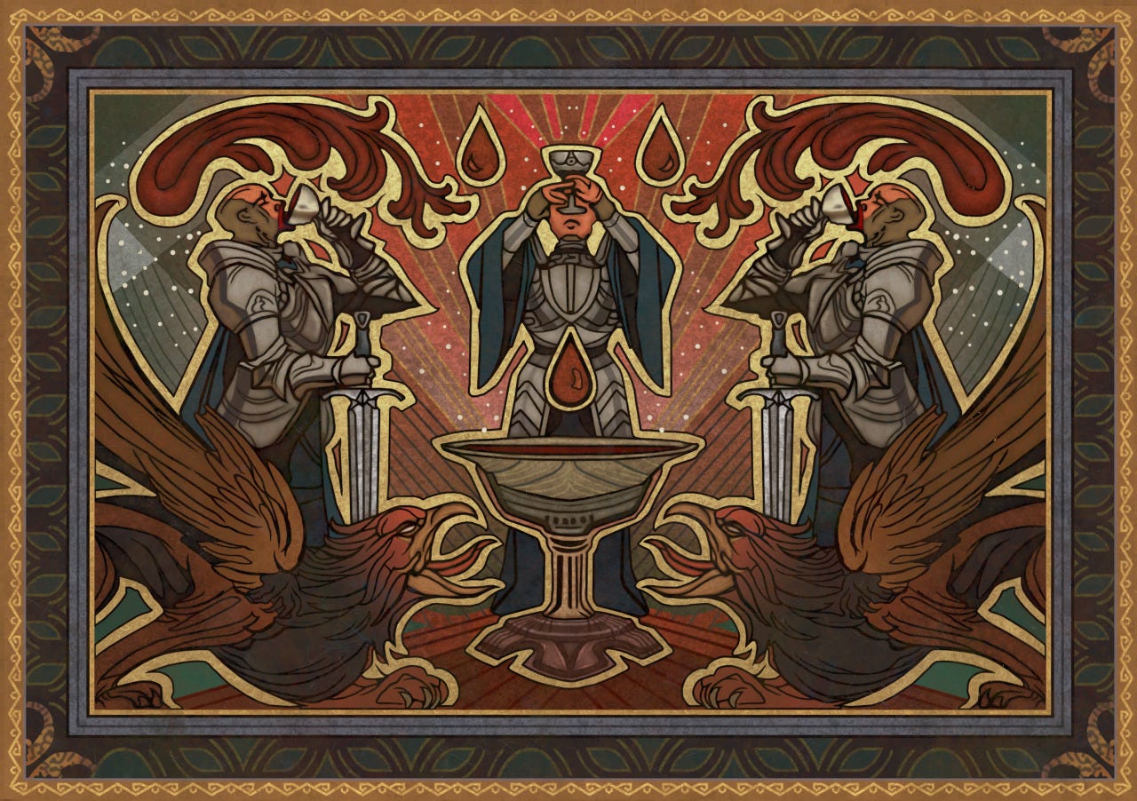 An illustration of three Grey Wardens drinking from Joining Chalices. An illustration of three Grey Wardens drinking from Joining Chalices.