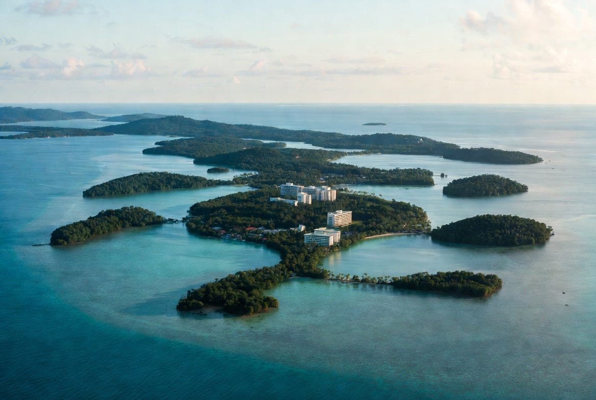 Aerial view of a cluster of green tropical islands surrounded by turquoise water, with a group of white commercial buildings visible through the tree cover on the largest island. Aerial view of a cluster of green tropical islands surrounded by turquoise water, with a group of white commercial buildings visible through the tree cover on the largest island.