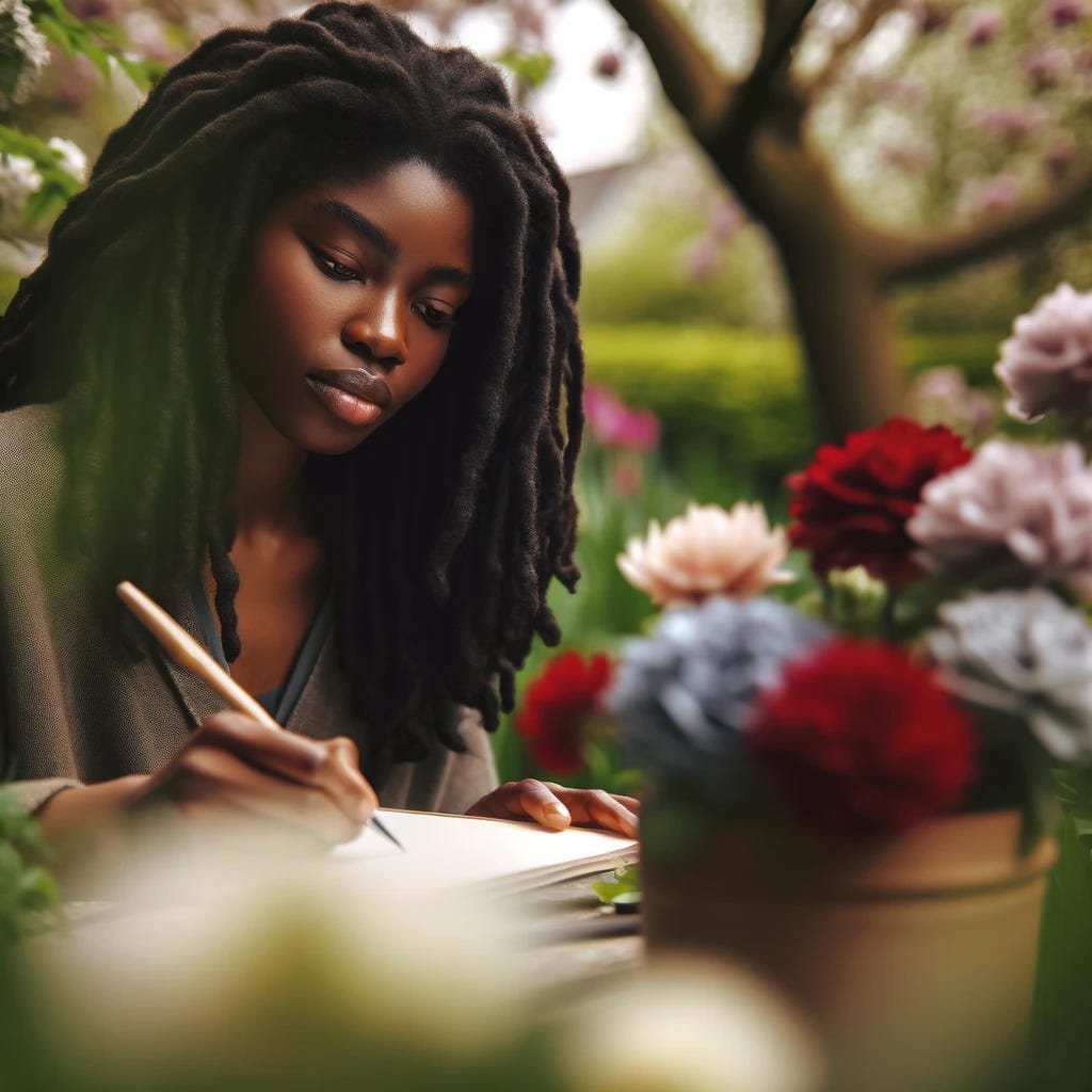 An African American woman with long, dark locs sitting in a garden filled with blooming flowers. She is intently writing or drawing on a piece of paper, holding a pen in her left hand. The natural lighting highlights her smooth skin and the vibrant colors of the flowers around her, creating a serene and focused atmosphere. The depth of field effect brings the woman's face and the flowers in the foreground into sharp focus, while the background gradually blurs. The woman should appear slightly larger in the frame, capturing more detail of her expression and activity in the lush, blooming garden. She should have a more plump and curvy figure.