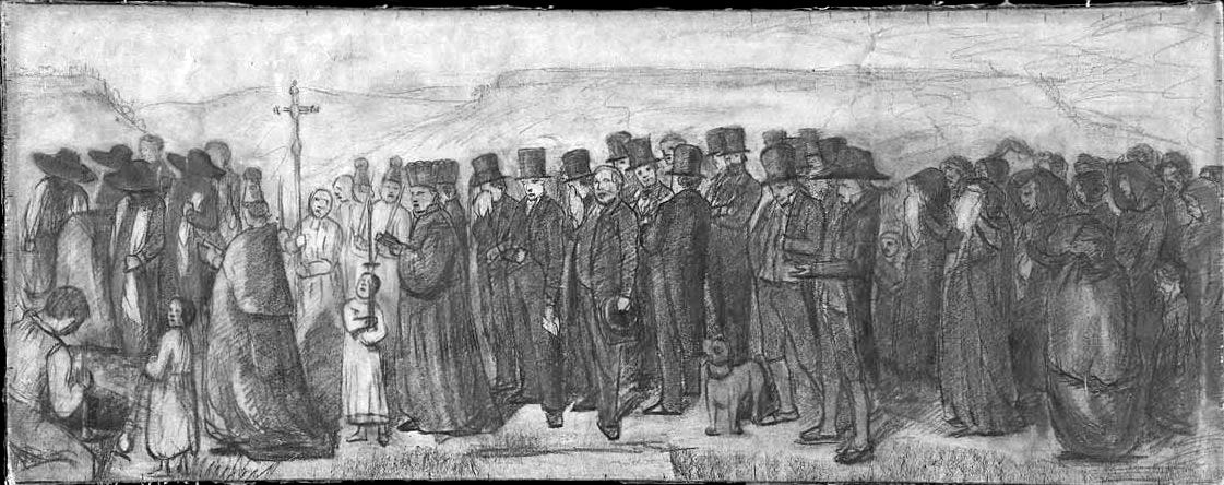 Gustave Courbet, preparatory sketch for A Burial at Ornans, 1849. Gustave Courbet, preparatory sketch for A Burial at Ornans, 1849.