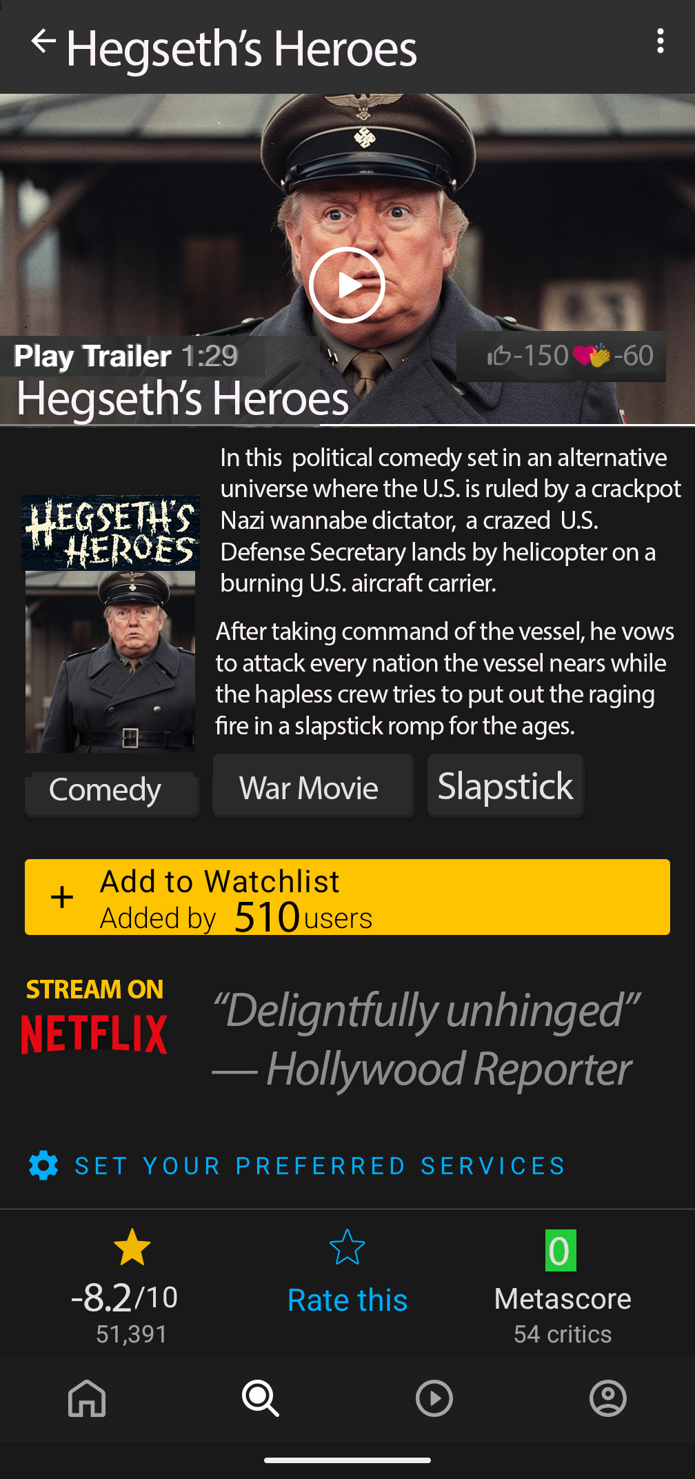 IMdb graphic with Hegseth's Heroes as the film name and the following blurb: In this  political comedy set in an alternative  universe where the U.S. is ruled by a crackpot Nazi wannabe dictator,  a crazed  U.S. Defense Secretary lands by helicopter on a burning U.S. aircraft carrier. After taking command of the vessel, he vows to attack every nation the vessel nears while the hapless crew tries to put out the raging fire in a slapstick romp for the ages.