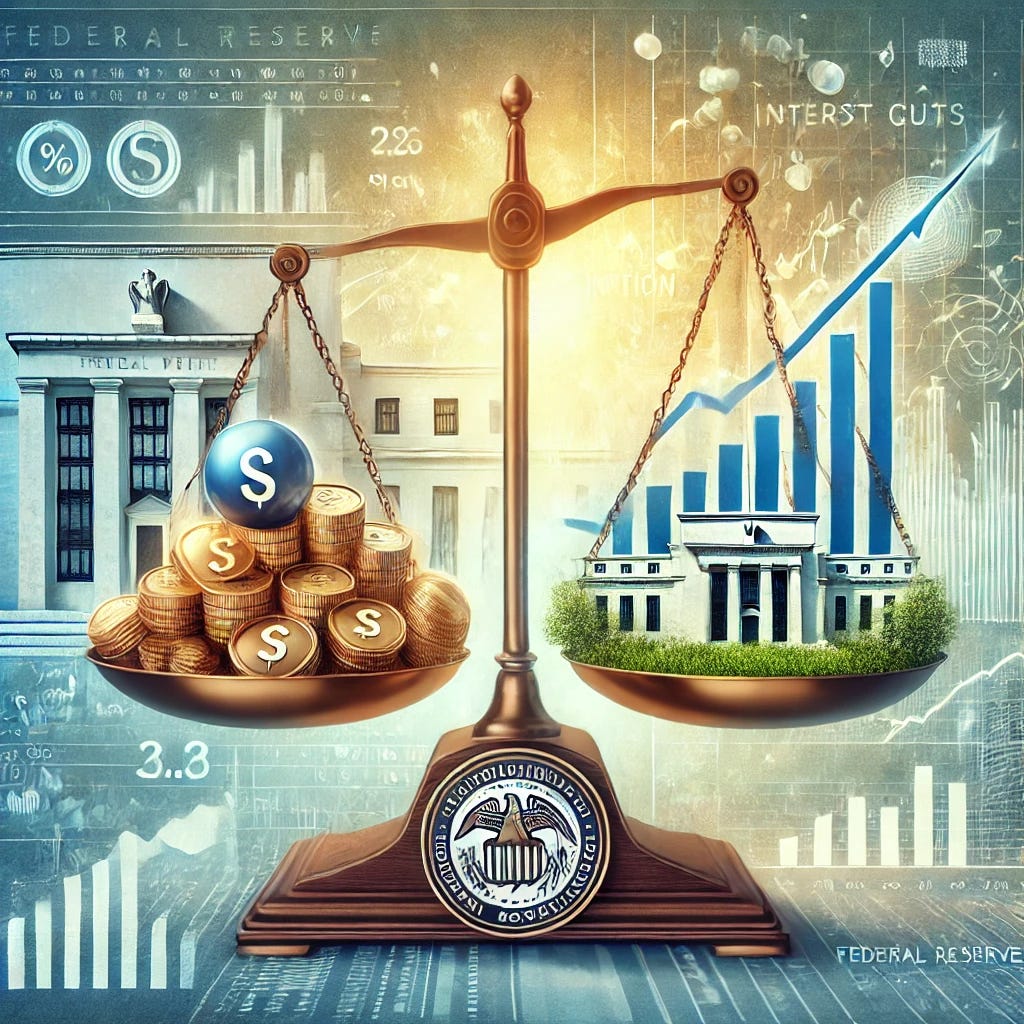 A conceptual illustration representing the Federal Reserve's interest rate policies. The image shows a balance scale, with one side depicting high interest rates symbolized by a stack of coins and inflation graphs, and the other side representing potential rate cuts with economic growth symbols like a rising stock market chart and a growing tree. The background includes subtle elements of a modern cityscape and a Federal Reserve building to highlight the economic context. The color palette includes blue, gold, and green tones to signify stability, wealth, and growth.