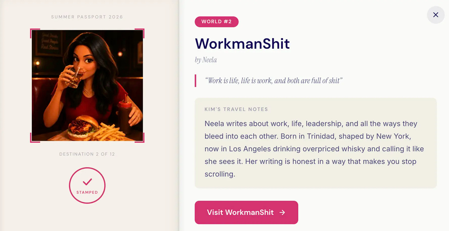 Summer Passport page for Neela's WorkmanShit, showing Pixar-style character sipping whisky in a diner booth with Kim's travel notes about her honest take on work and life