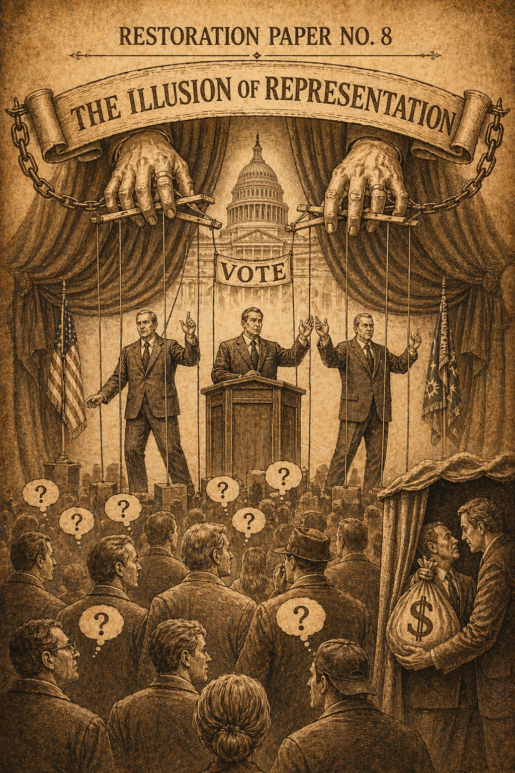 A vintage-style illustration shows political leaders as marionette puppets controlled by unseen hands above a stage set in front of the U.S. Capitol. A banner reads “The Illusion of Representation,” while a crowd below looks on with confusion, represented by question marks. In the corner, a shadowy exchange of money suggests hidden influence behind the scenes. The image symbolizes the idea that elections give the appearance of choice while real power operates outside public view.