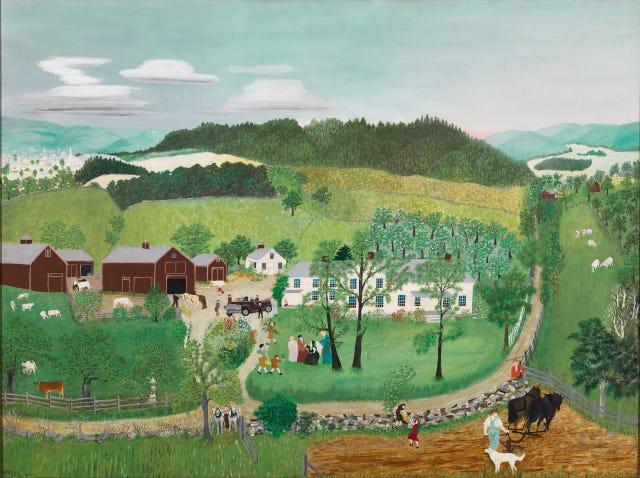 Grandma Moses, Grandma Moses Goes to the Big City, 1946, oil on canvas, Smithsonian American Art Museum, Gift of the Kallir Family in memory of Otto Kallir, 2016.51, © Grandma Moses Properties Co., NY