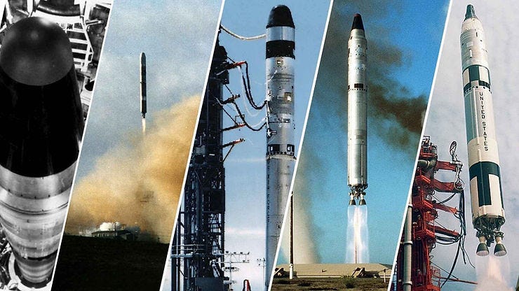 Five rockets in various stages of launch against blue skies. Text "UNITED STATES" on one rocket. Vertical panel collage. Five rockets in various stages of launch against blue skies. Text "UNITED STATES" on one rocket. Vertical panel collage.