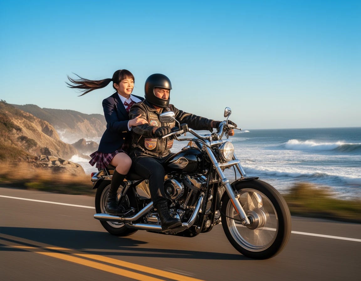Japanese school girl wearing a school uniform with a skirt riding on the back of a Harley Davidson holding on to the motorcycle rider