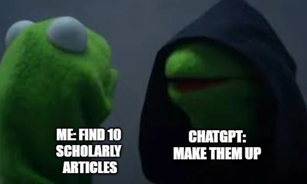  Kermit Meme About AI and Research A meme showing two Kermit the Frog images with text about finding scholarly articles vs. making them up.