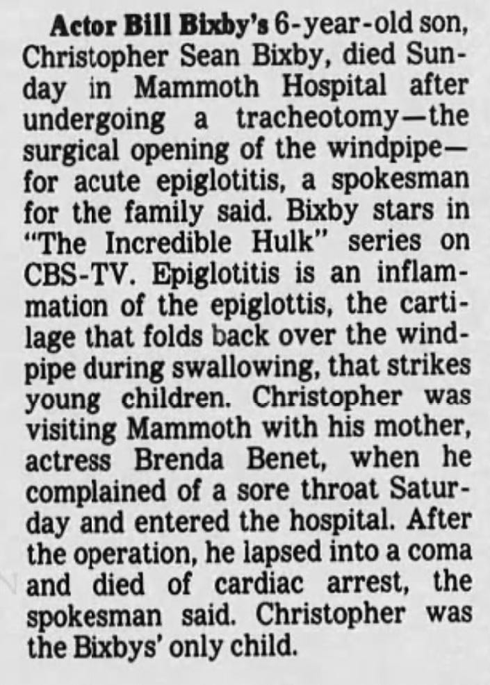 This announcement that Bill Bixby’s son died after developing epiglottitis appeared in the Los Angeles Times on March 4, 1981.