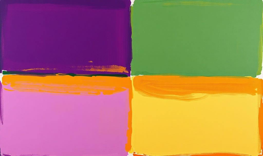 Abstract, impressionist-style graphic with four squares in purple, green, pink and yellow Abstract, impressionist-style graphic with four squares in purple, green, pink and yellow