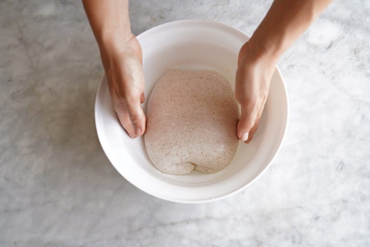 Sourdough Bread step by step showing all ingredients, then autolyse then folding and scoring