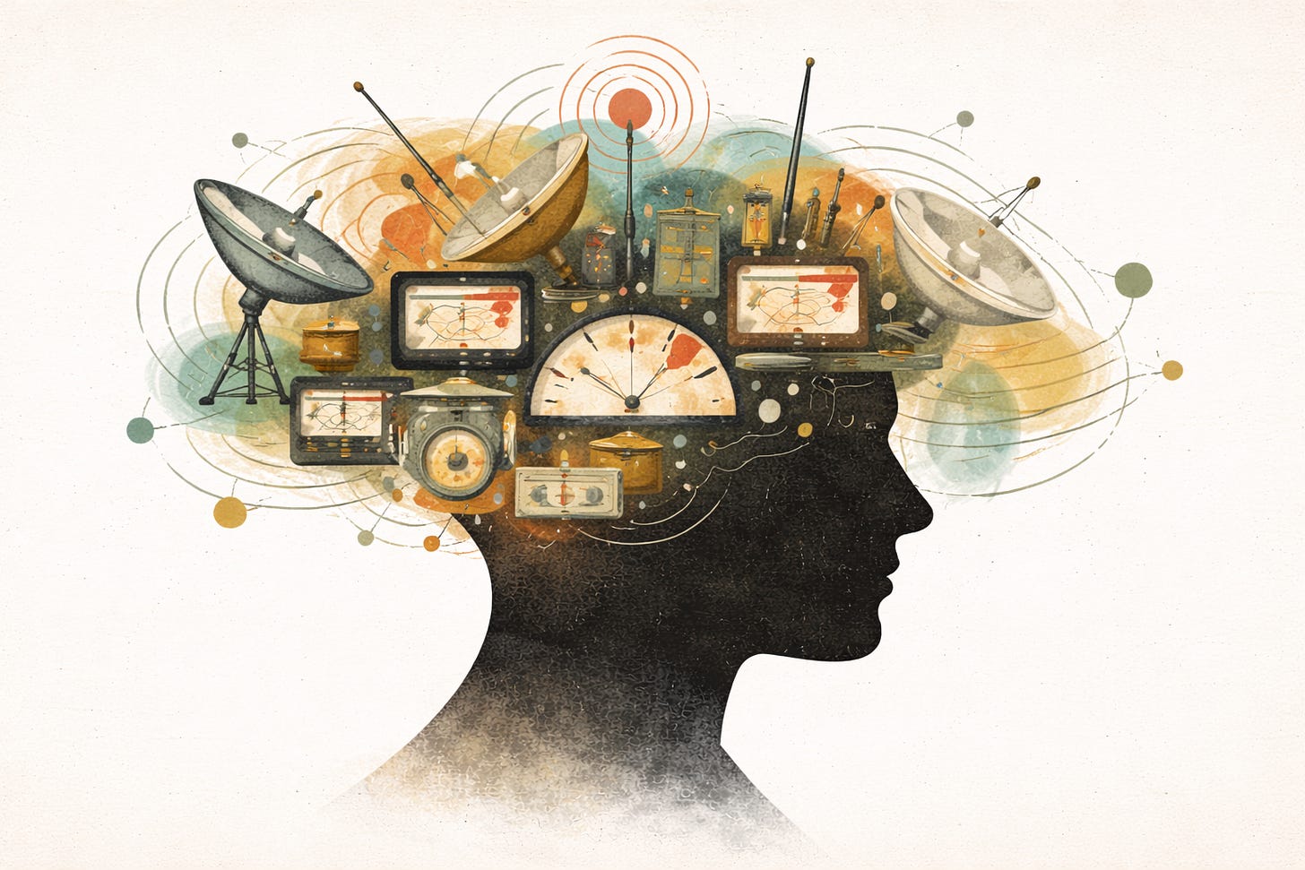 Conceptual illustration of a silhouetted human head in profile filled with overlapping vintage radar dishes, antennas, analog meters, and signal lines, representing hypervigilance and sensory overload.