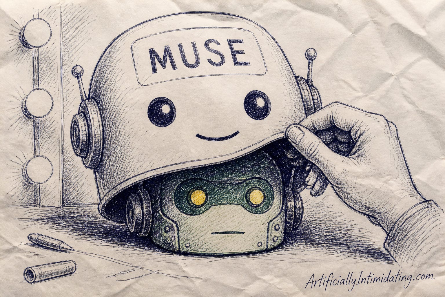 A hand-drawn illustration of a hand lifting a helmet labeled MUSE to reveal a different robot face underneath.